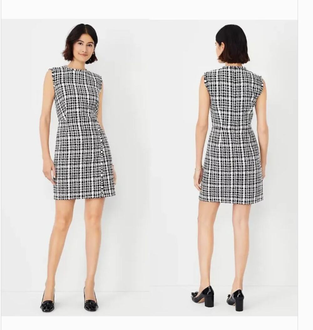 Ann Taylor Women's 12 Black White Fringe Tweed Flare Plaid Dress Mini Sleeveless